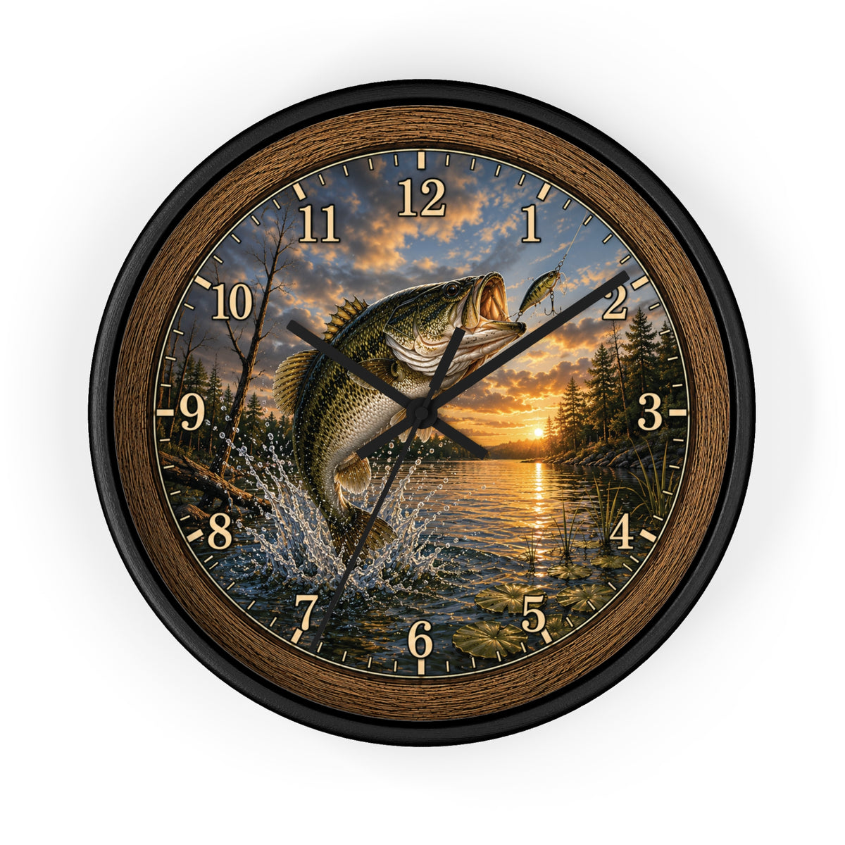 Largemouth Bass Jumping at Sunset Wall Clock | Fishing Lake Scene