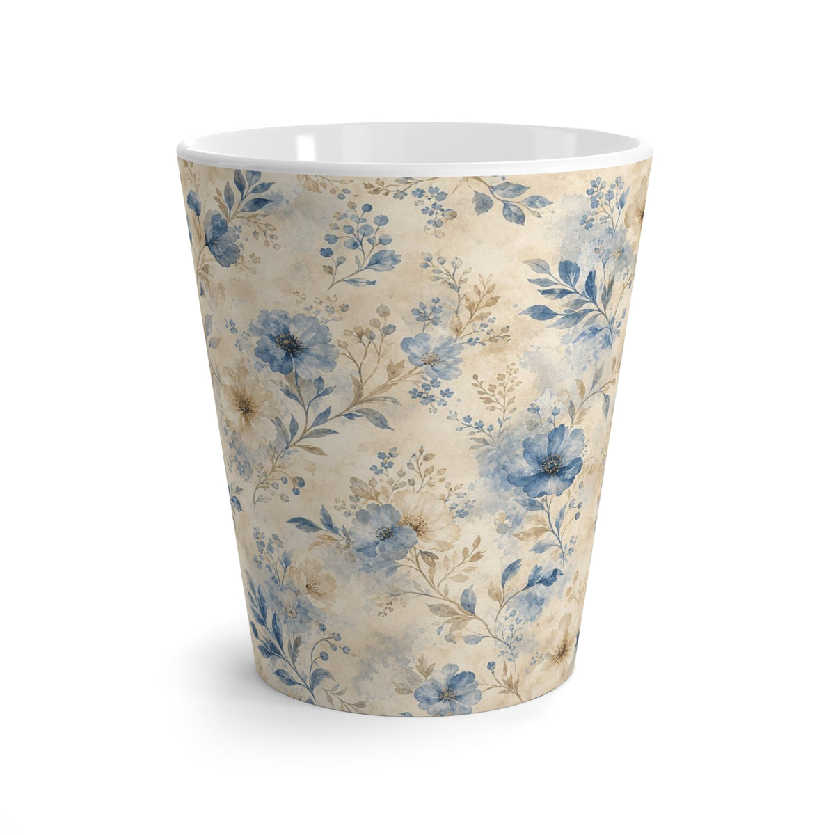 Blue Vintage Floral Latte Mug — Watercolor Flowers Coffee Cup