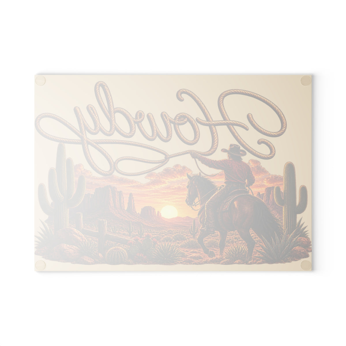 Howdy Western Glass Cutting Board — Cowboy Desert Sunset Kitchen Decor