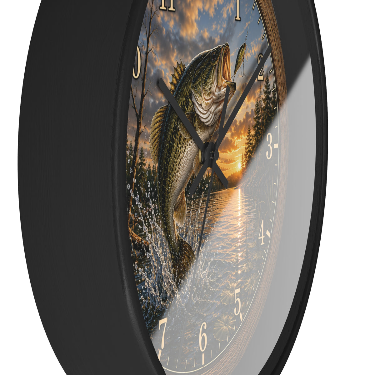 Largemouth Bass Jumping at Sunset Wall Clock | Fishing Lake Scene