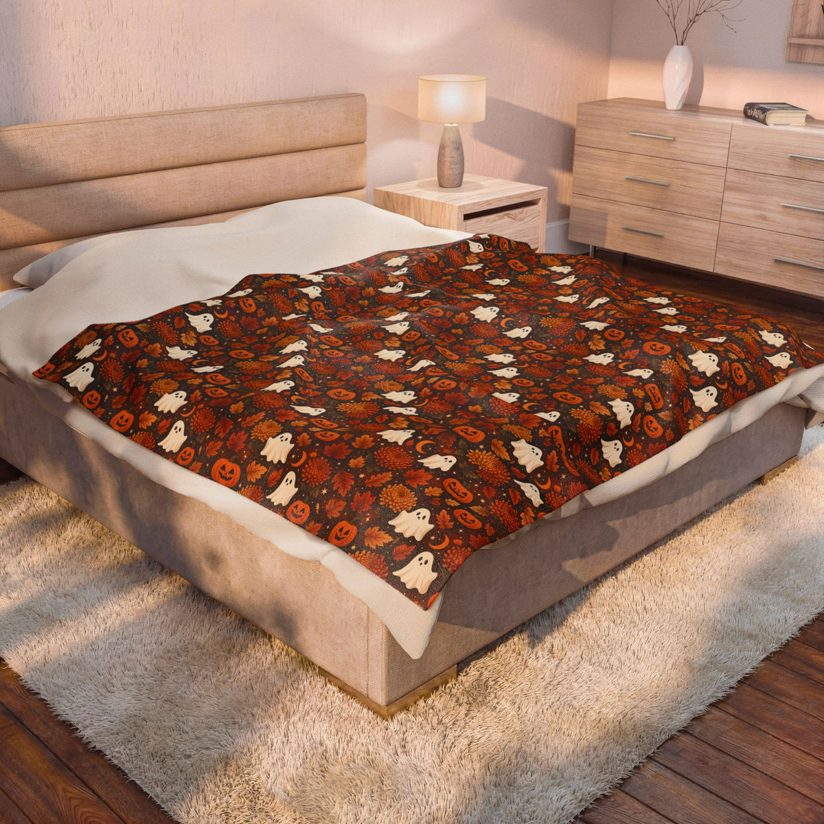 Halloween Pumpkin and Ghost Pattern Velveteen Plush Blanket | Spooky Fall Throw