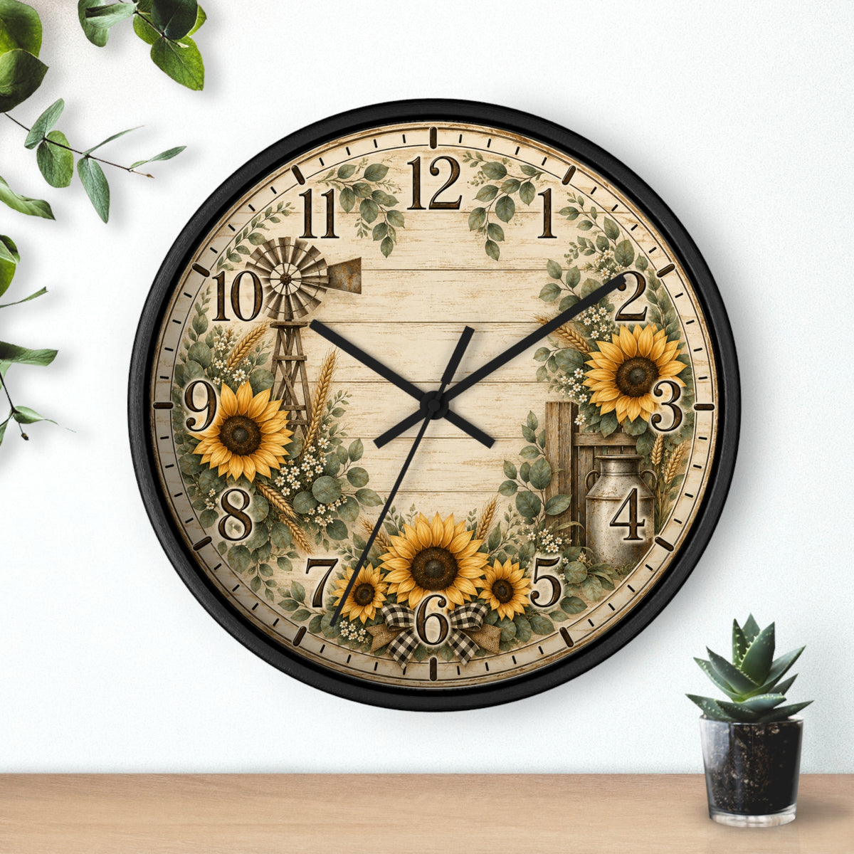 Sunflower Farmhouse Wall Clock | Rustic Windmill Floral Clock