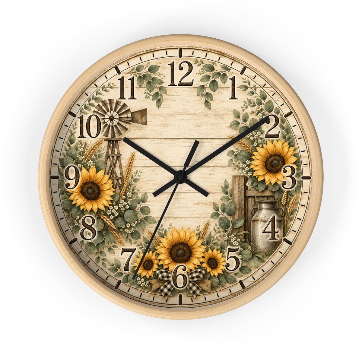 Sunflower Farmhouse Wall Clock | Rustic Windmill Floral Clock