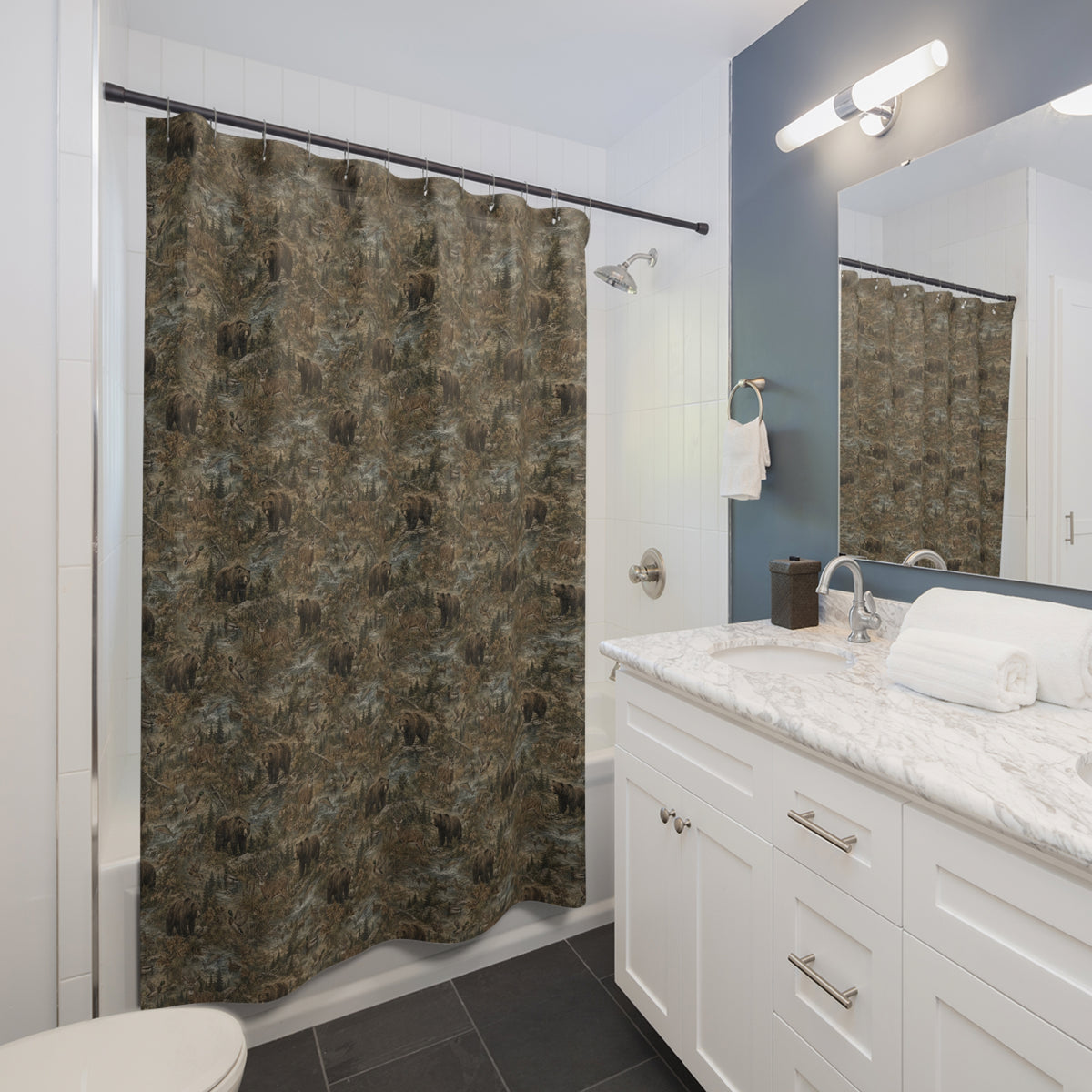 Rustic Woodland Shower Curtain | Forest Camouflage Bathroom