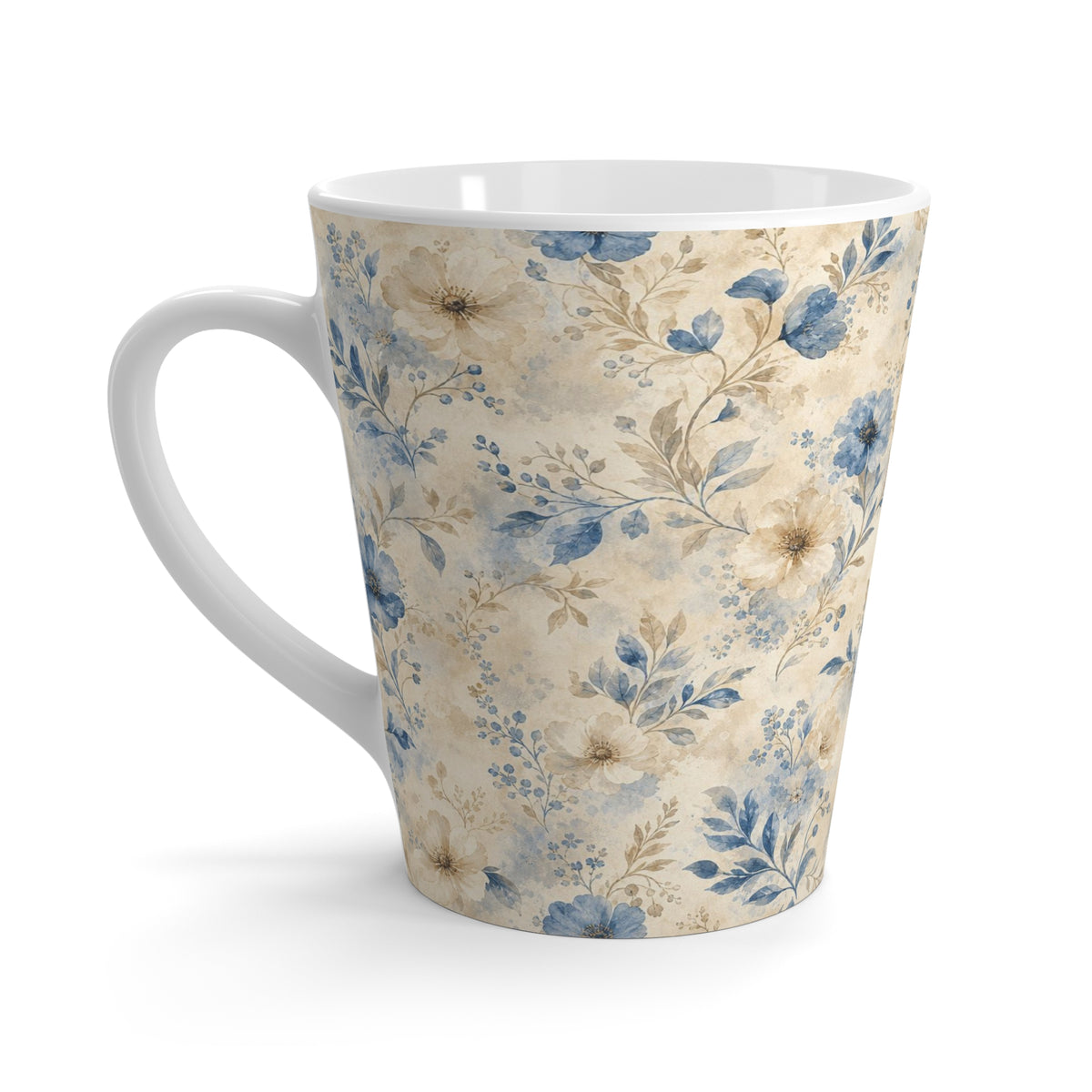 Blue Vintage Floral Latte Mug — Watercolor Flowers Coffee Cup