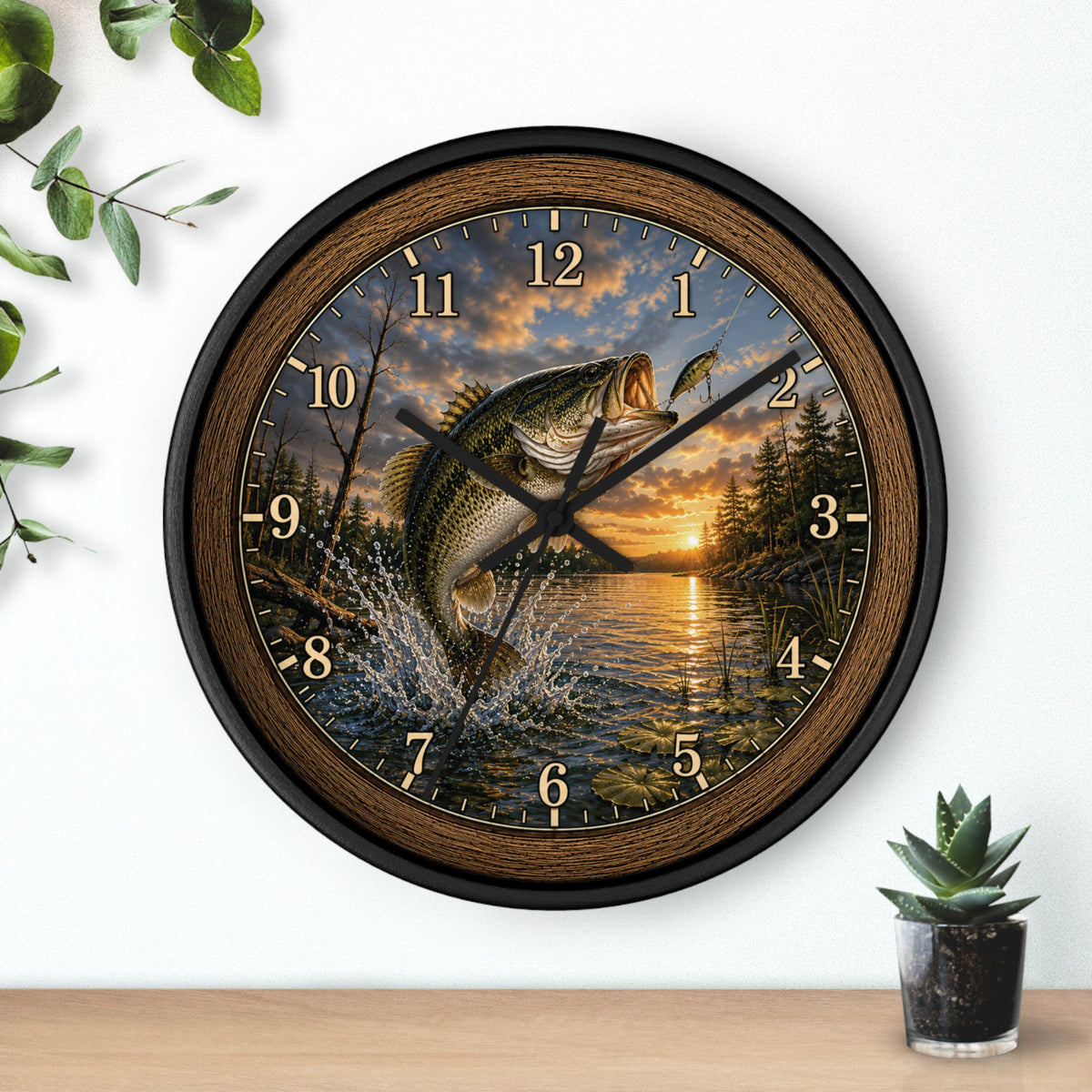 Largemouth Bass Jumping at Sunset Wall Clock | Fishing Lake Scene