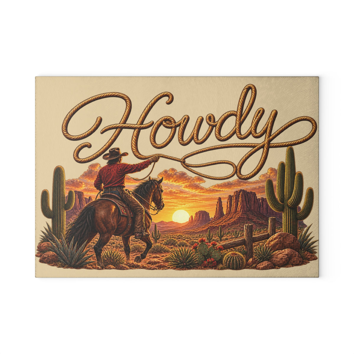 Howdy Western Glass Cutting Board — Cowboy Desert Sunset Kitchen Decor