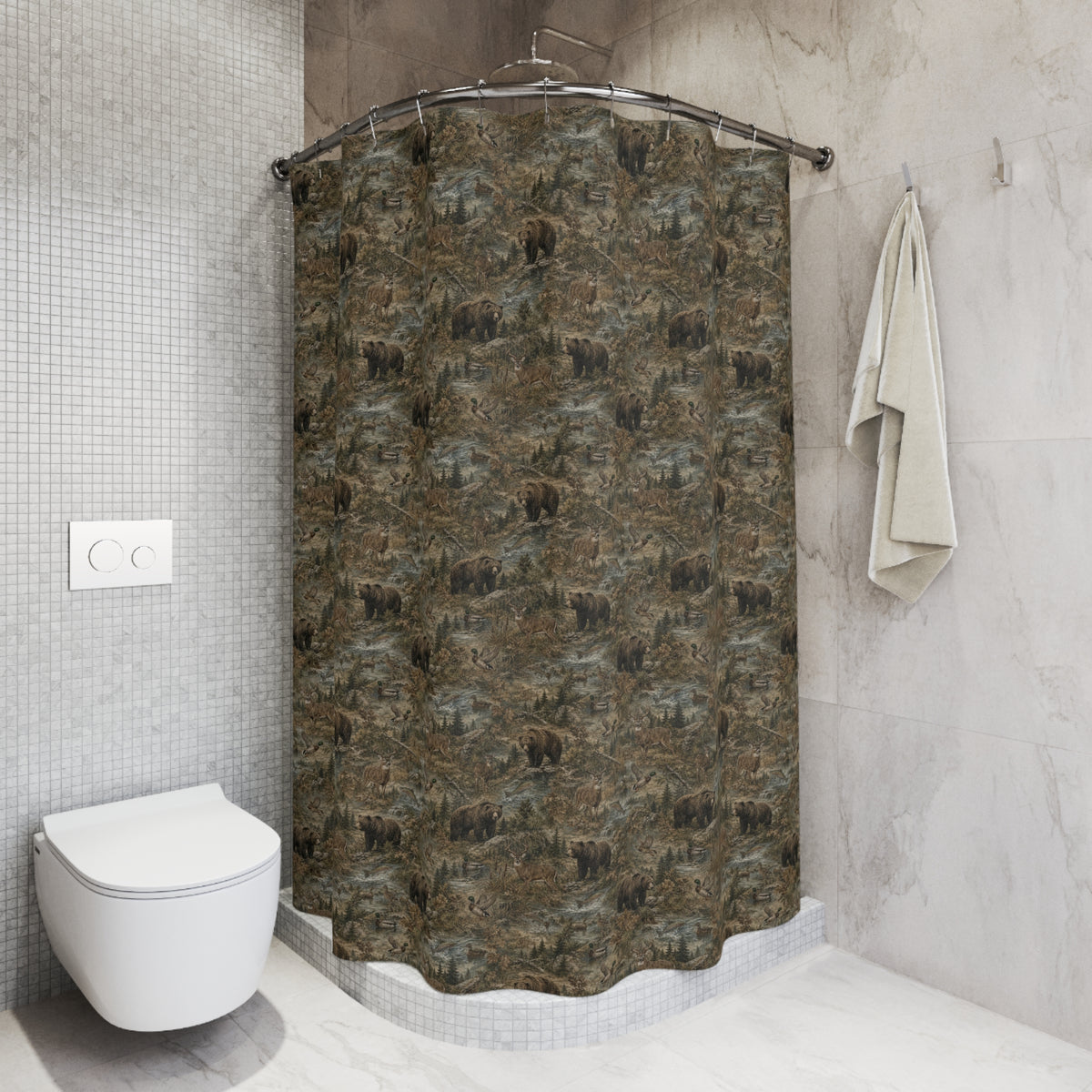 Rustic Woodland Shower Curtain | Forest Camouflage Bathroom