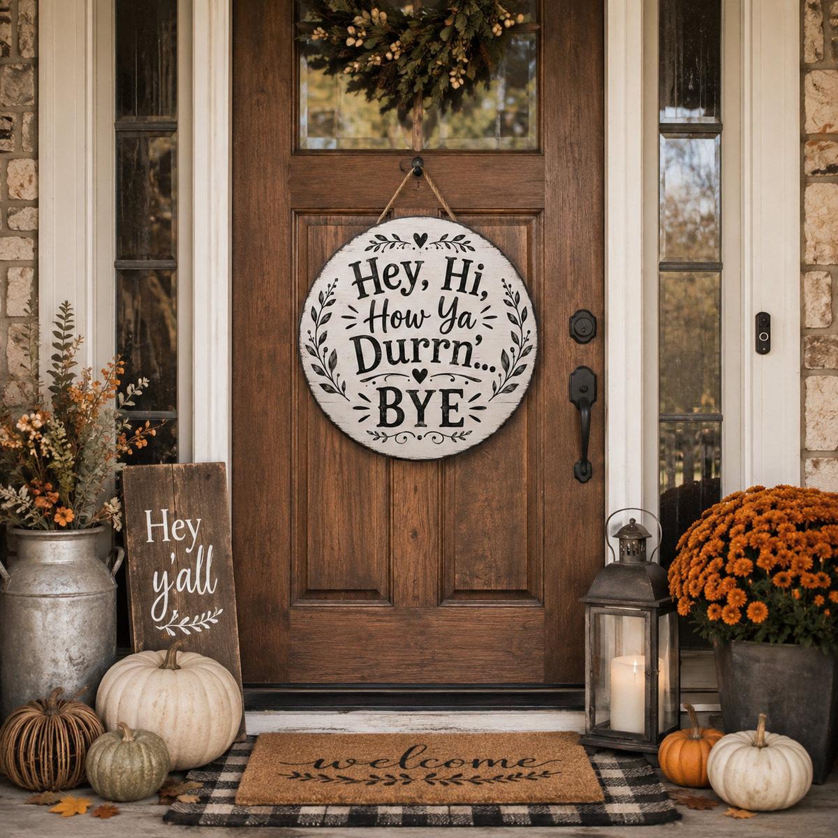 Hey Hi How Ya Durrn Bye Wood Sign | Round Farmhouse Wall Decor