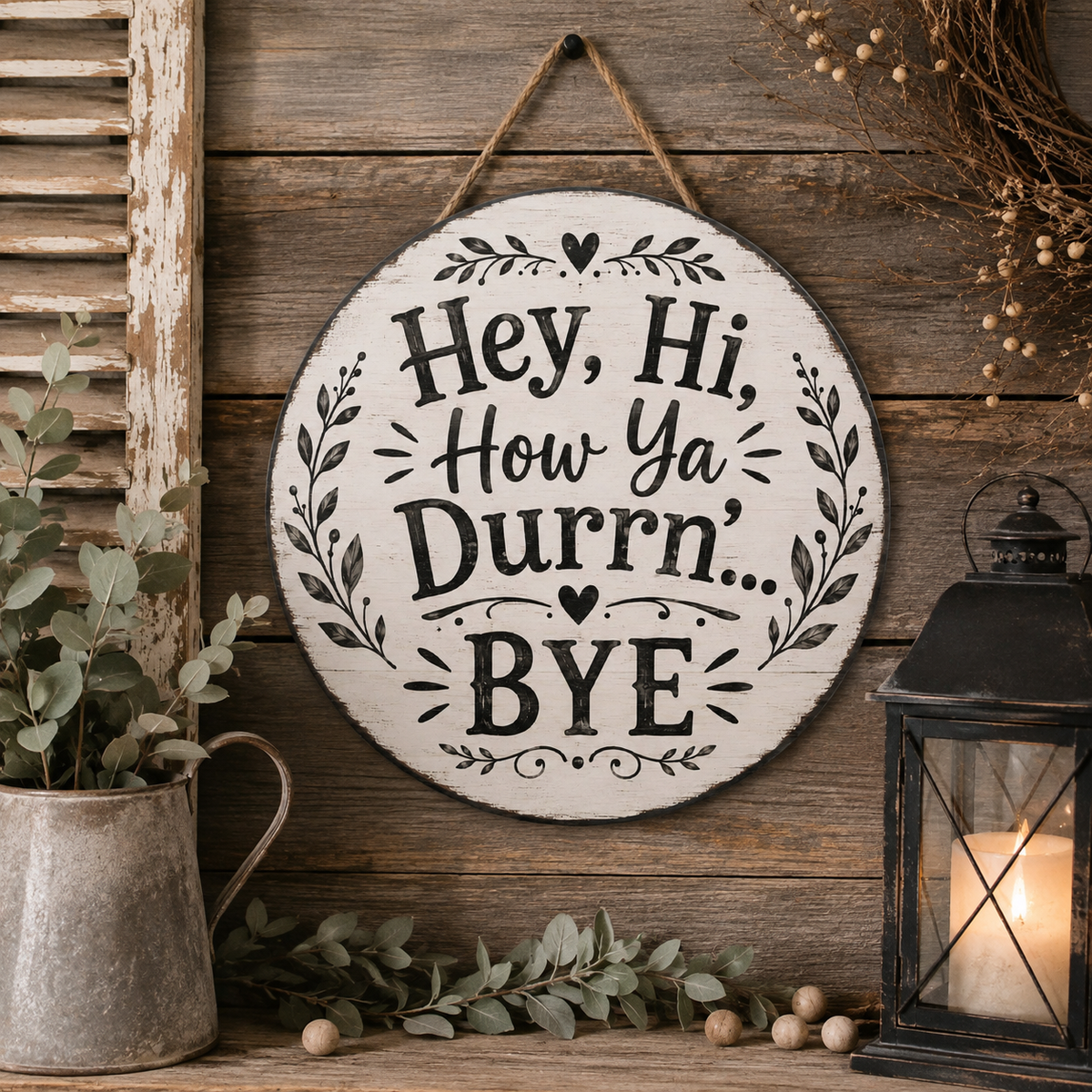Hey Hi How Ya Durrn Bye Wood Sign | Round Farmhouse Wall Decor