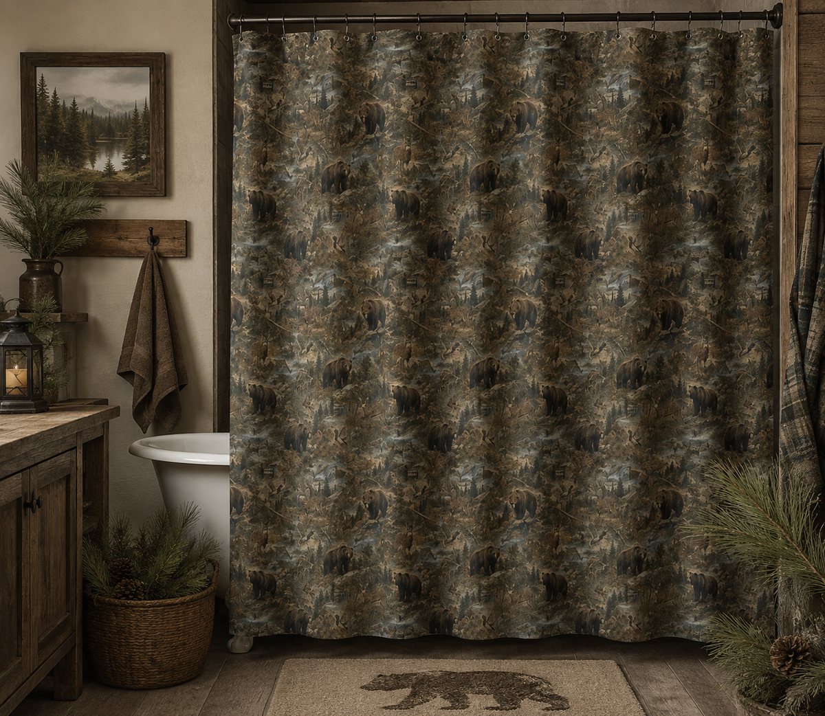 Rustic Woodland Shower Curtain | Forest Camouflage Bathroom