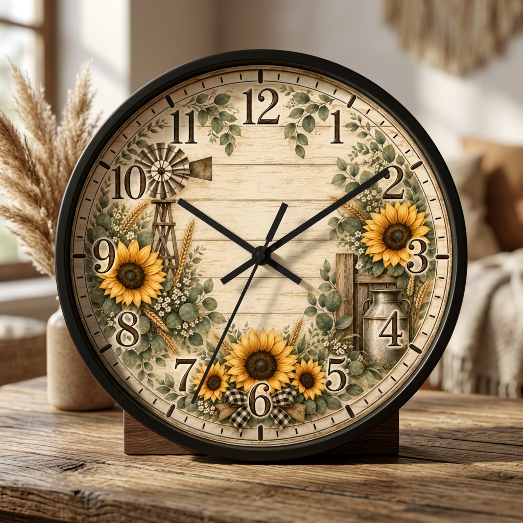 Sunflower Farmhouse Wall Clock | Rustic Windmill Floral Clock