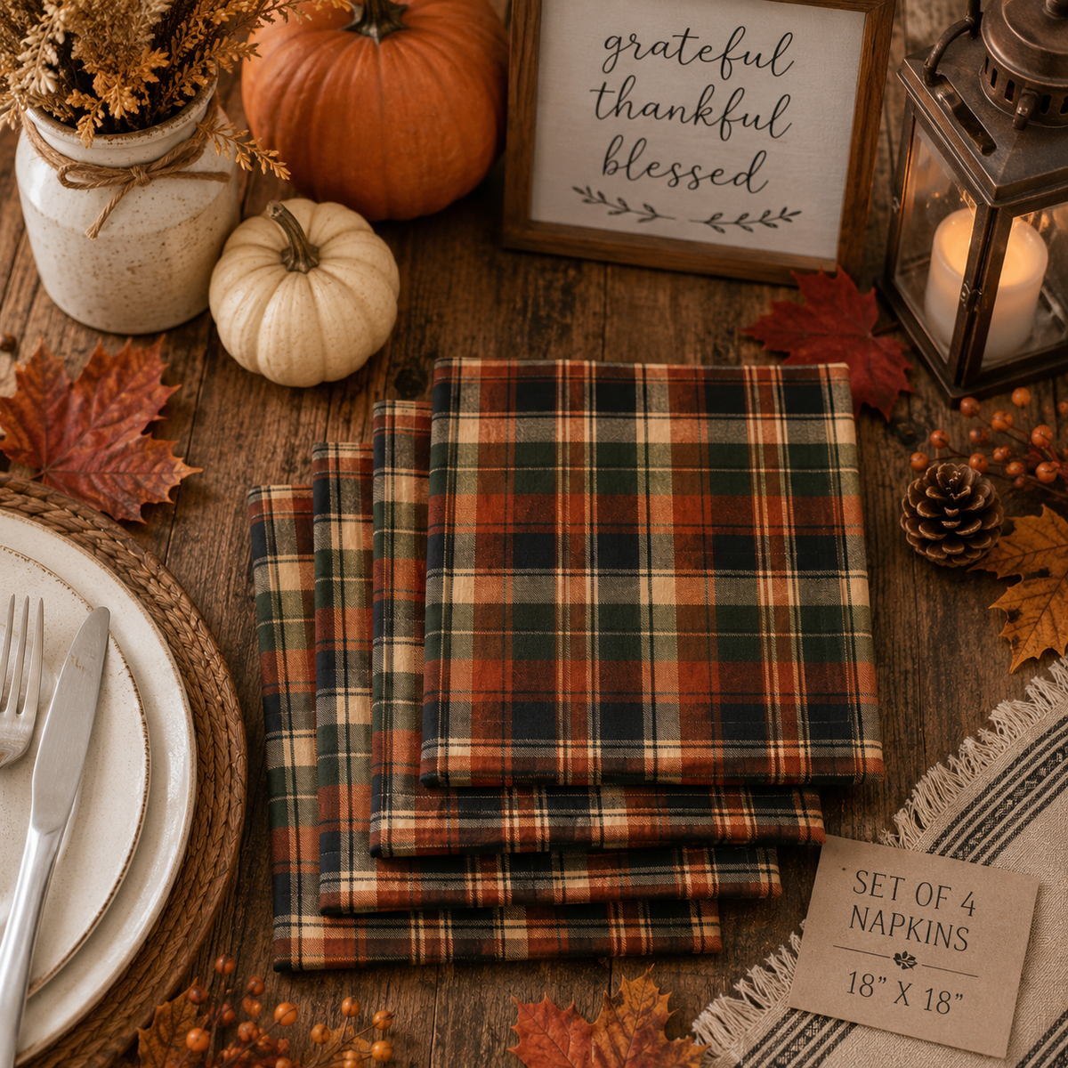 Autumn Plaid Napkins 4-Set | Rustic Fall Plaid Dinner Napkins