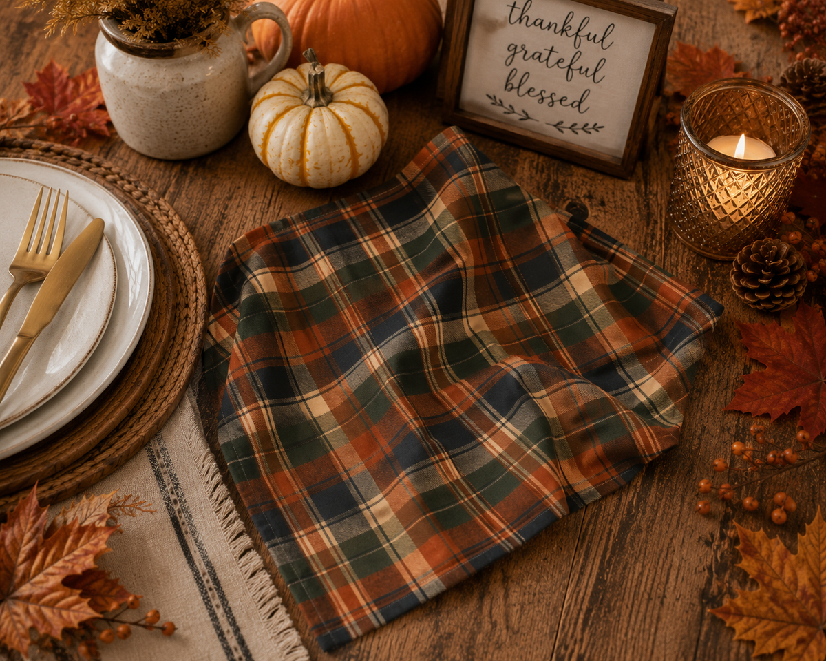 Autumn Plaid Napkins 4-Set | Rustic Fall Plaid Dinner Napkins
