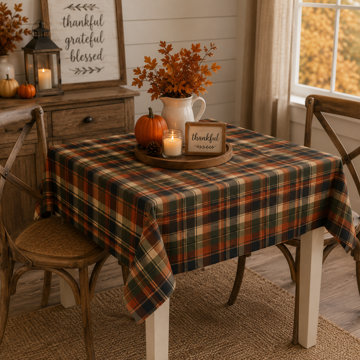 Autumn Harvest Plaid Tablecloth — Rustic Fall Checkered Table Linen