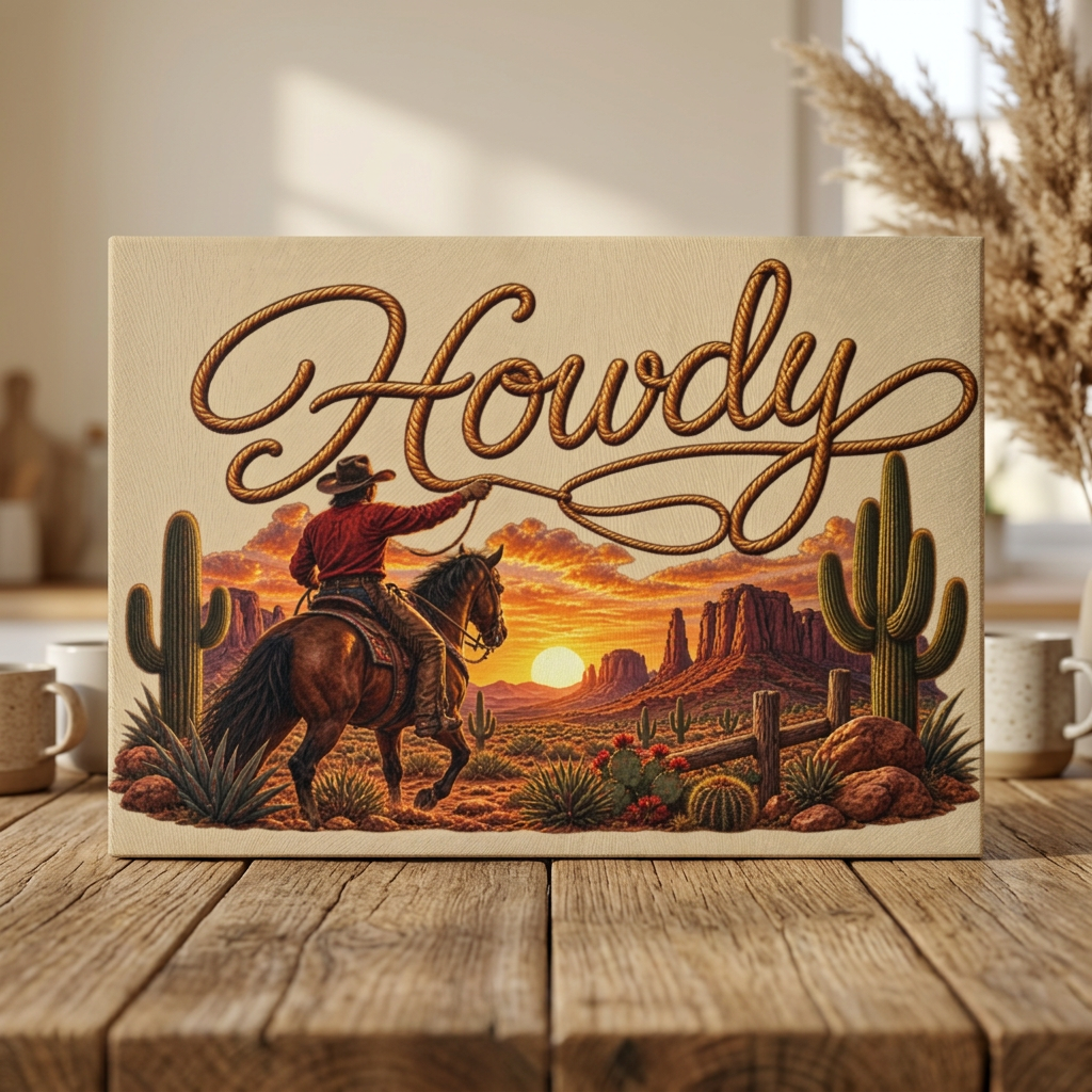 Howdy Western Glass Cutting Board — Cowboy Desert Sunset Kitchen Decor
