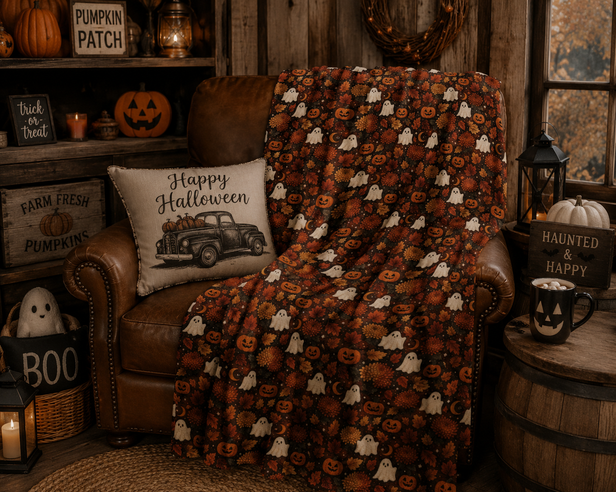 Halloween Pumpkin and Ghost Pattern Velveteen Plush Blanket | Spooky Fall Throw