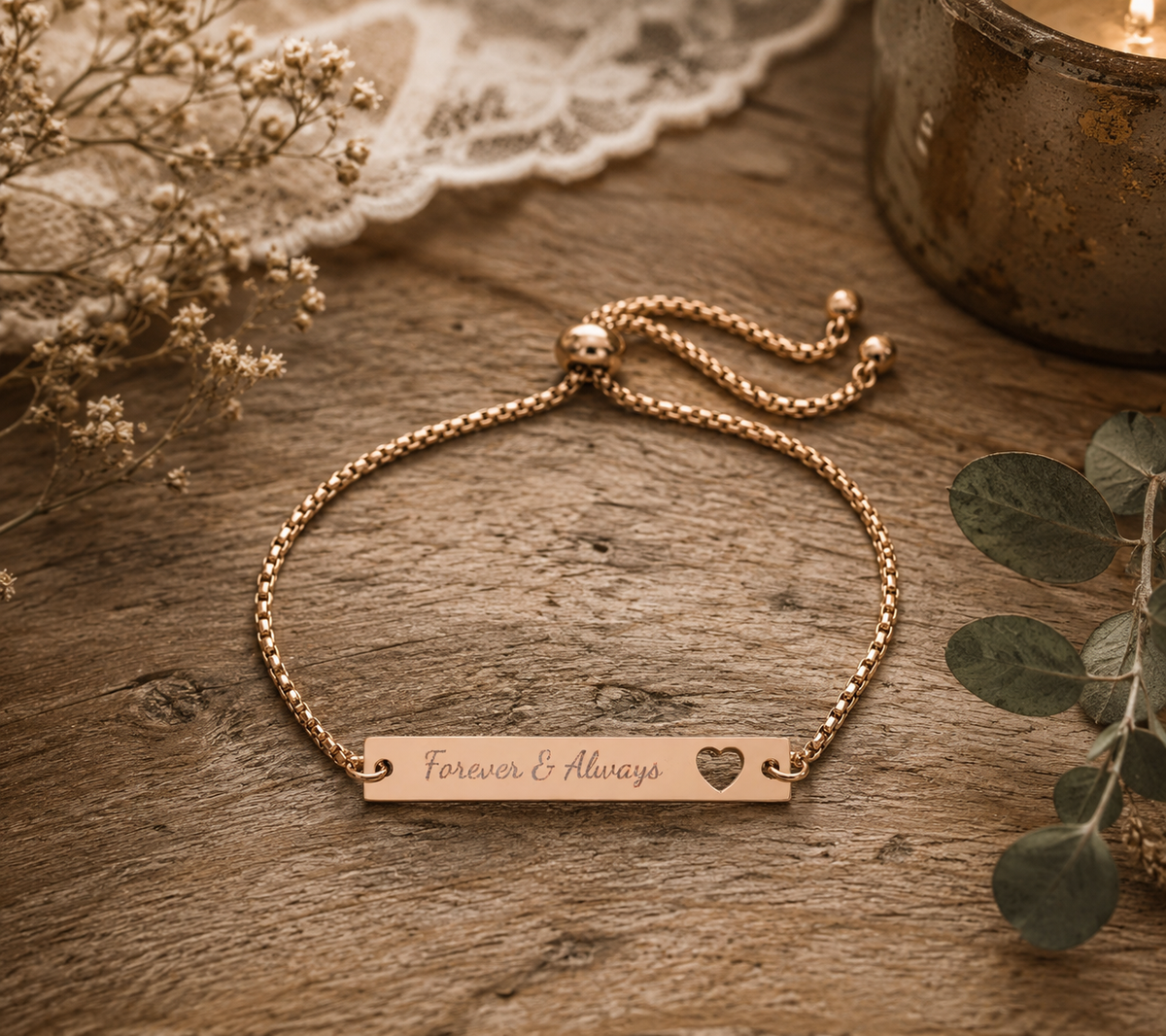 Engravable Heart Bar Bracelet — Adjustable Gold/Rose Gold Personalized Jewelry
