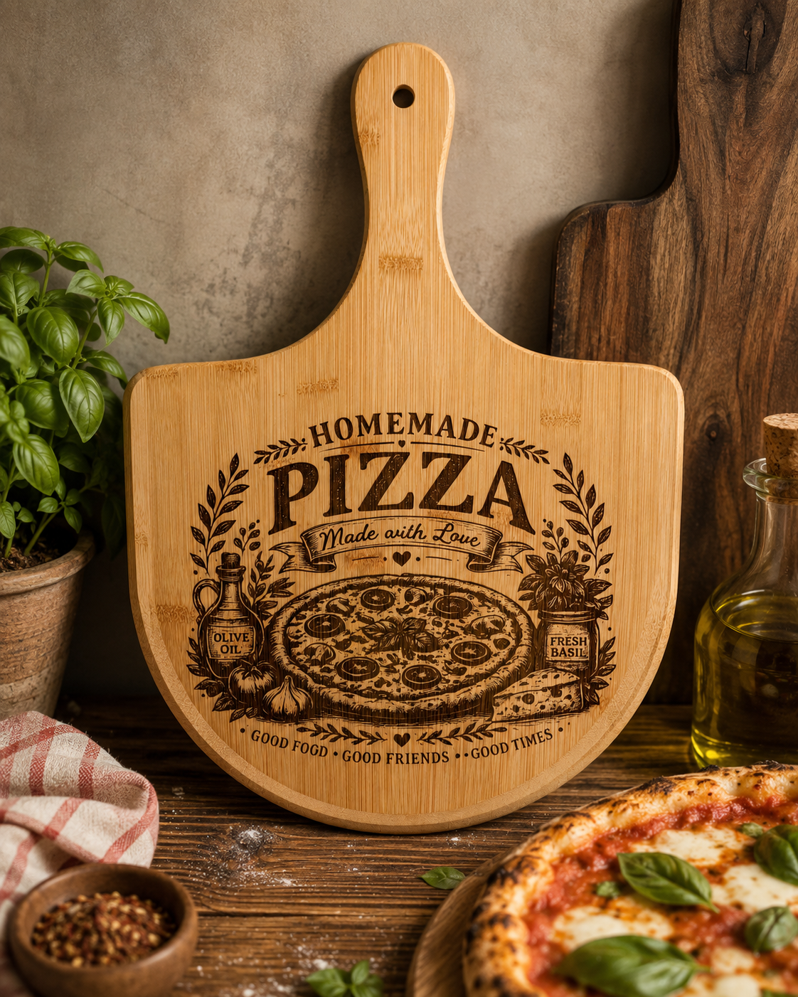 Bamboo Pizza Peel — Engraved "Homemade Pizza Made with Love" Serving & Prep Board