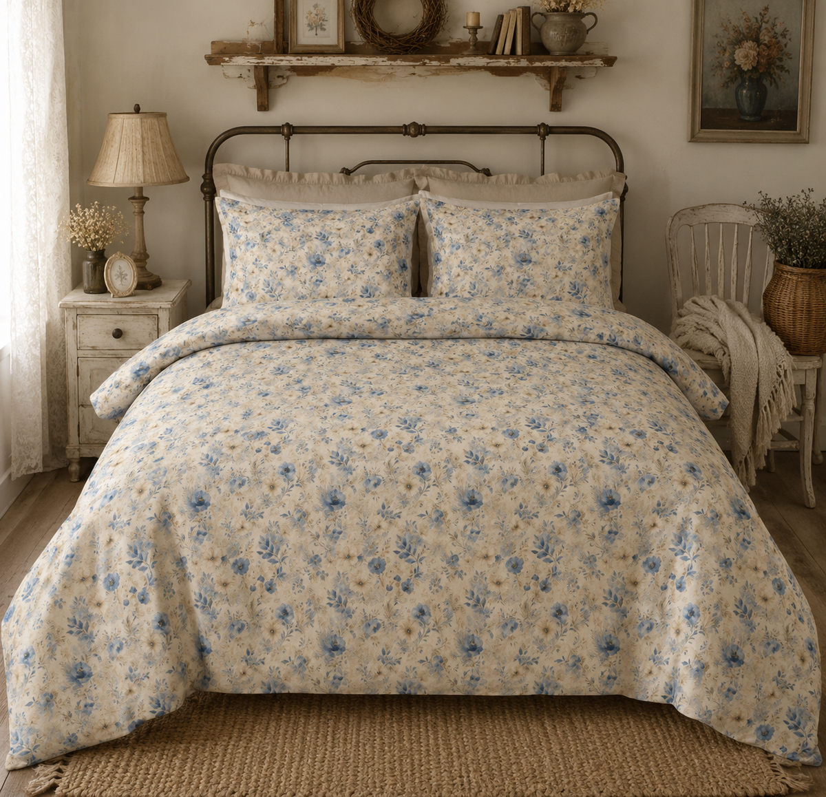 Floral Cotton Bed Set – Vintage Blue & Beige Duvet Cover & Pillowcases