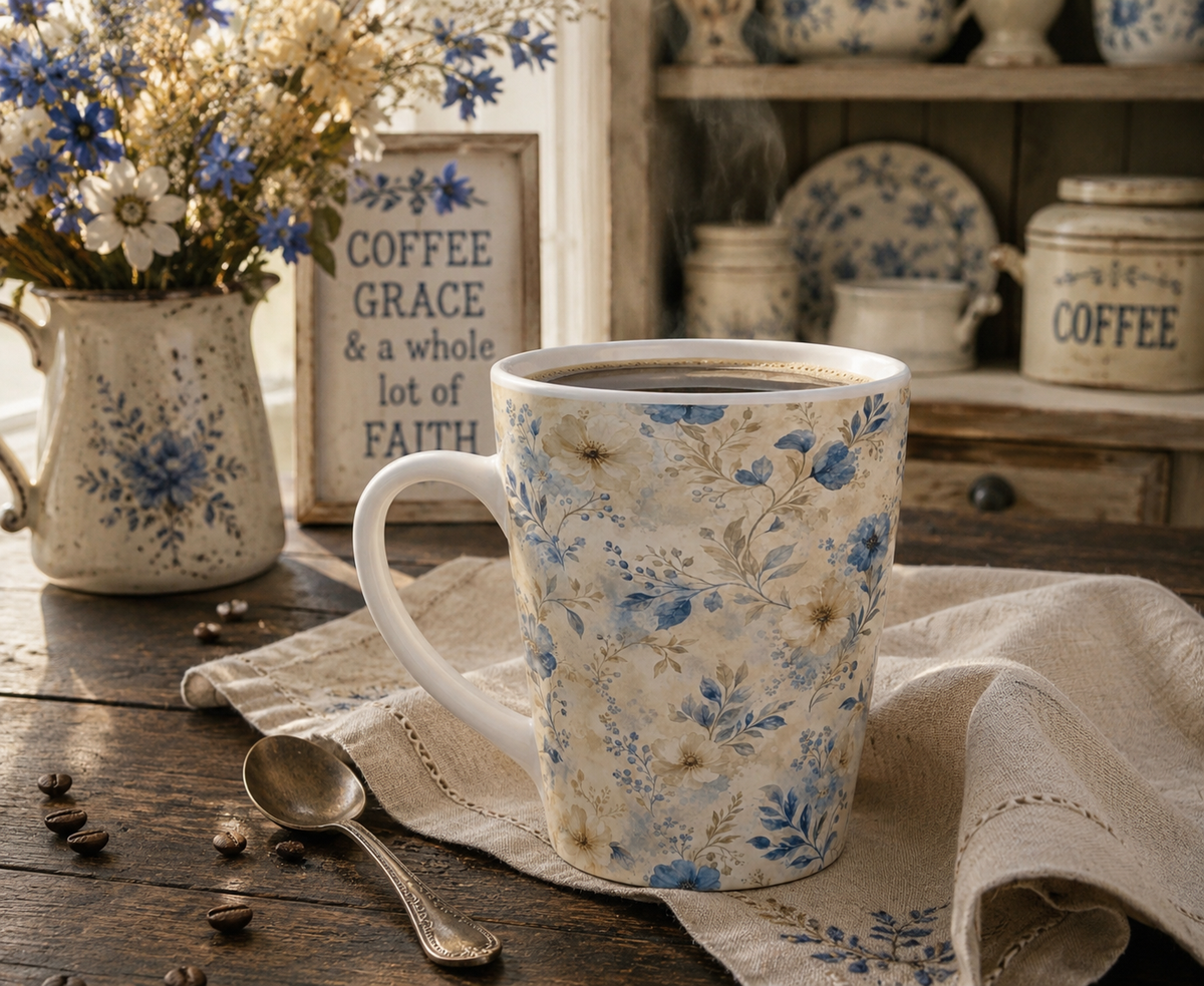 Blue Vintage Floral Latte Mug — Watercolor Flowers Coffee Cup