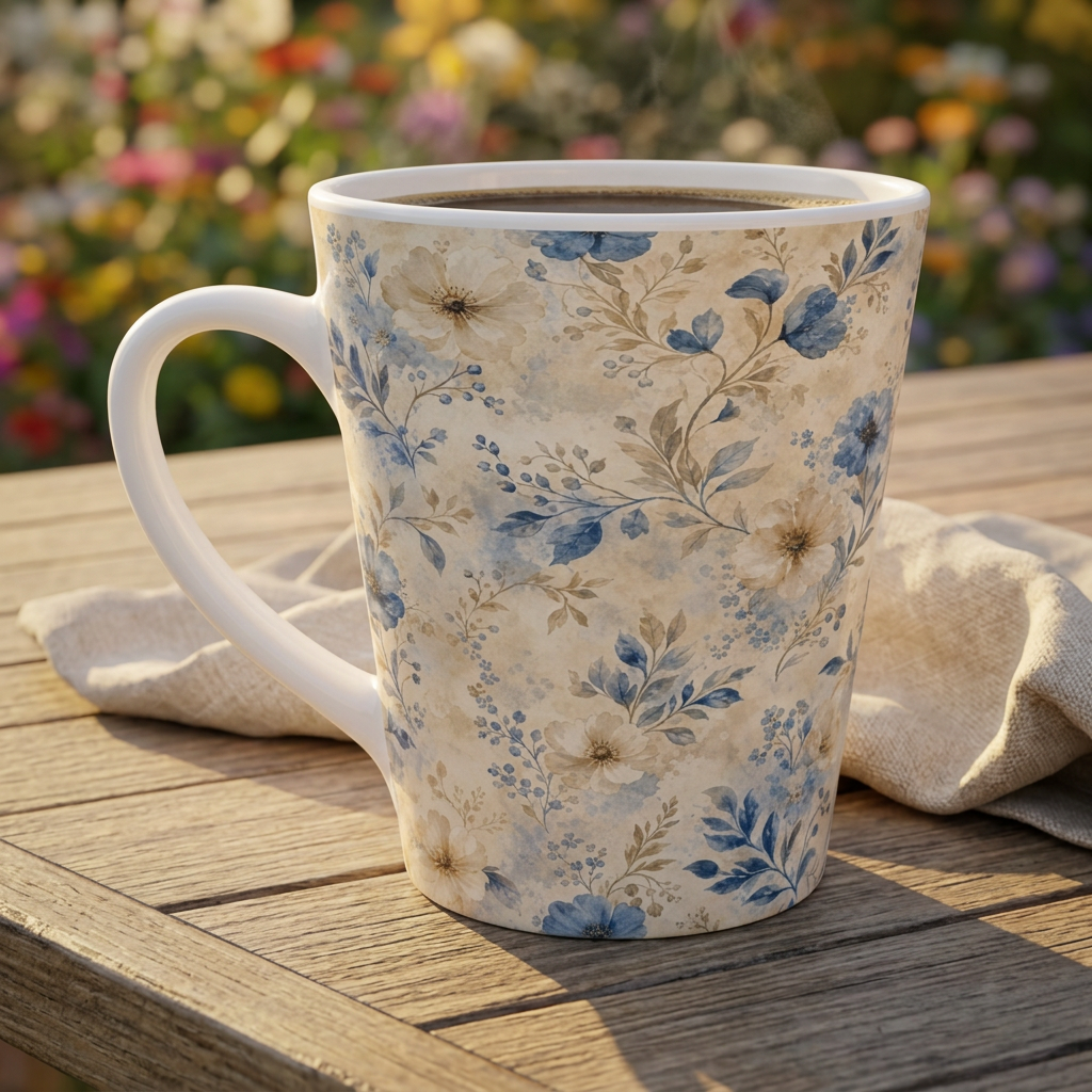 Blue Vintage Floral Latte Mug — Watercolor Flowers Coffee Cup