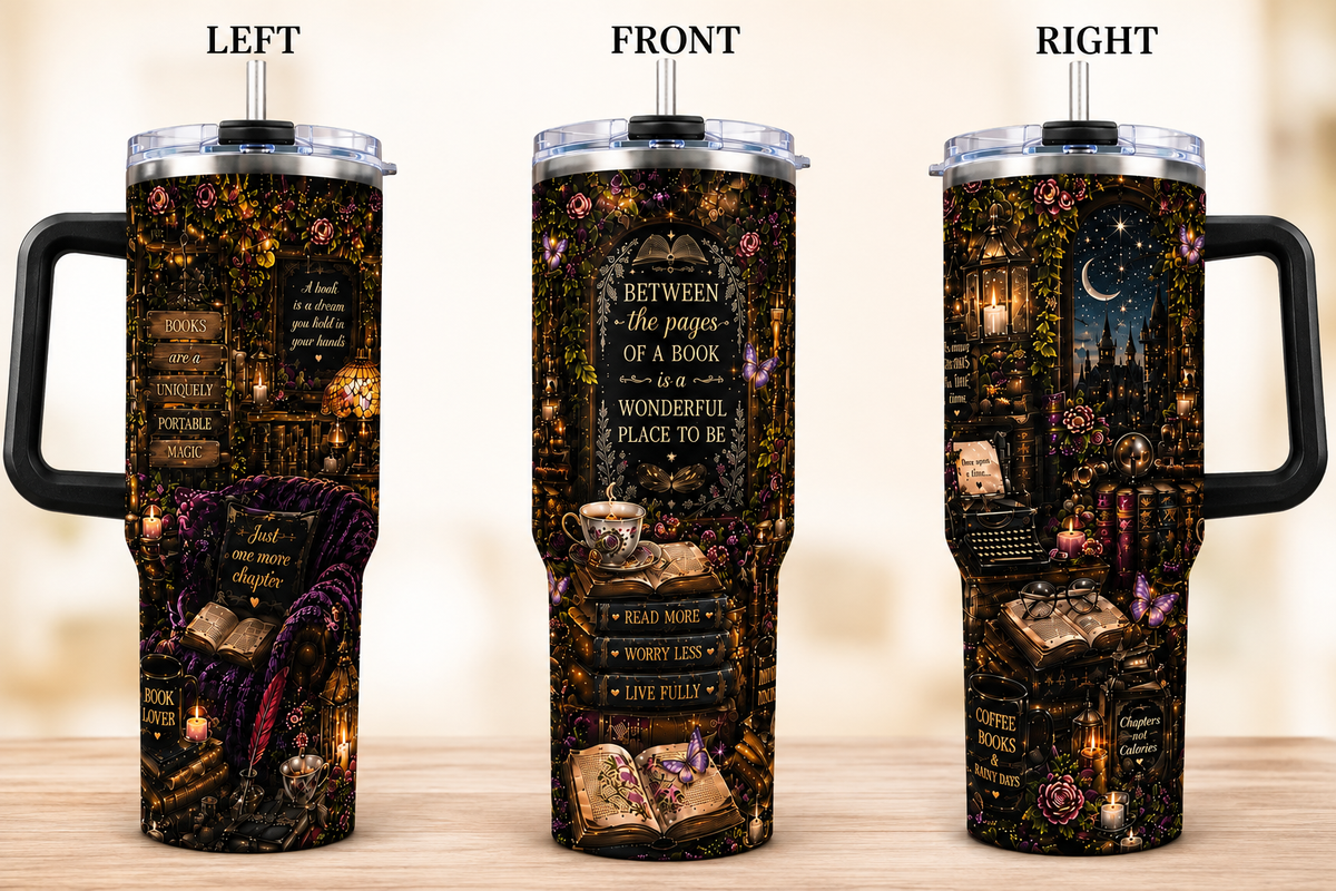 40oz Bookish Vacuum Tumbler — 'Between the Pages' Cozy Reading Travel Mug