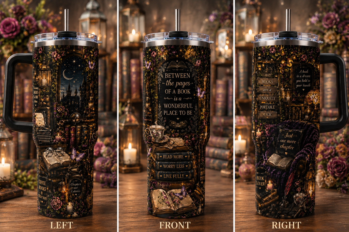 40oz Bookish Vacuum Tumbler — 'Between the Pages' Cozy Reading Travel Mug