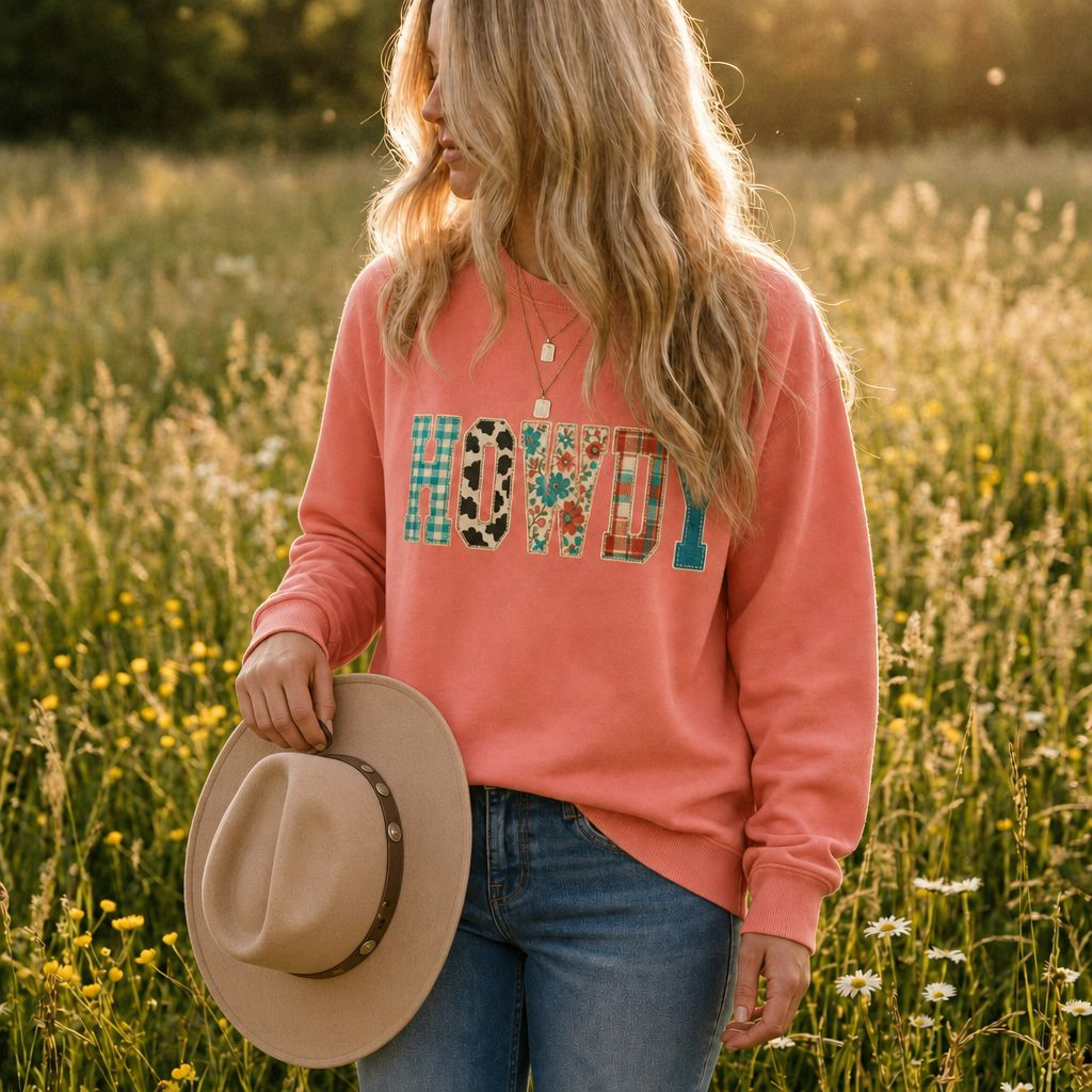 Howdy Crewneck Sweatshirt | Western buffalo plaid floral