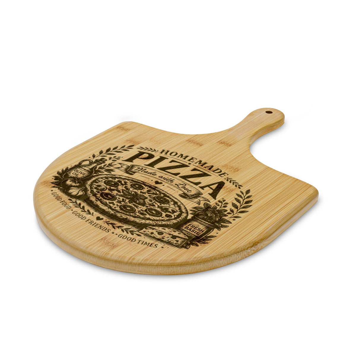 Bamboo Pizza Peel — Engraved "Homemade Pizza Made with Love" Serving & Prep Board