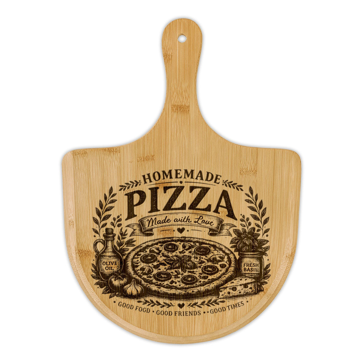 Bamboo Pizza Peel — Engraved "Homemade Pizza Made with Love" Serving & Prep Board