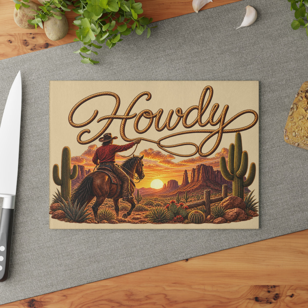 Howdy Western Glass Cutting Board — Cowboy Desert Sunset Kitchen Decor
