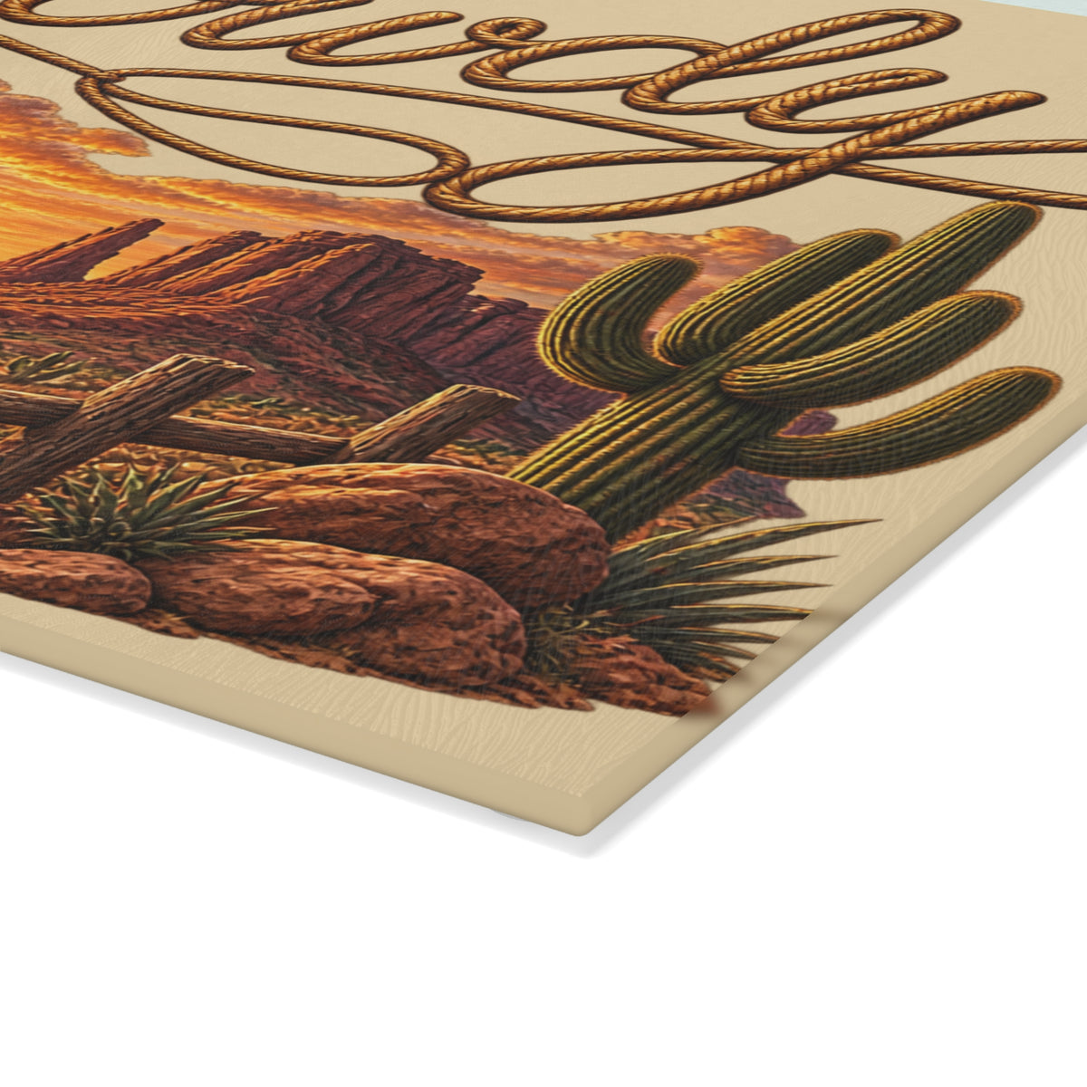 Howdy Western Glass Cutting Board — Cowboy Desert Sunset Kitchen Decor