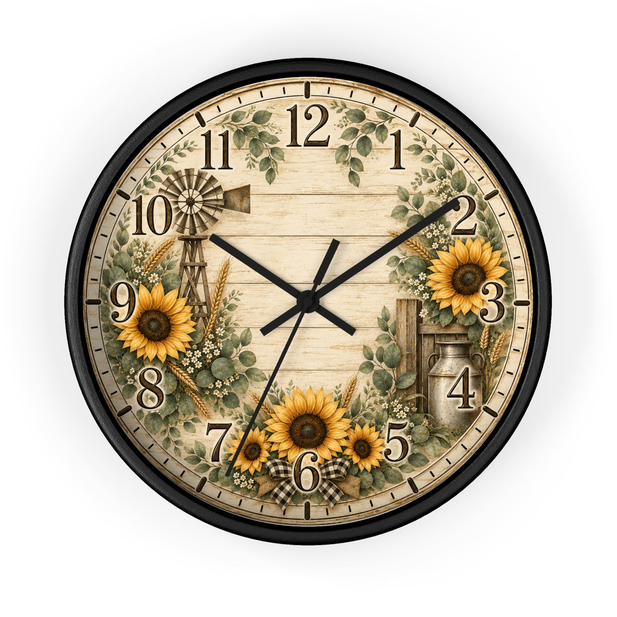 Sunflower Farmhouse Wall Clock | Rustic Windmill Floral Clock