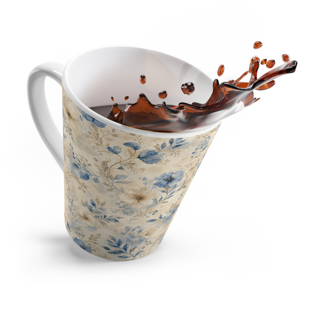 Blue Vintage Floral Latte Mug — Watercolor Flowers Coffee Cup