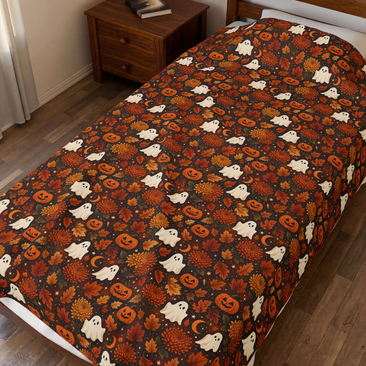 Halloween Pumpkin and Ghost Pattern Velveteen Plush Blanket | Spooky Fall Throw