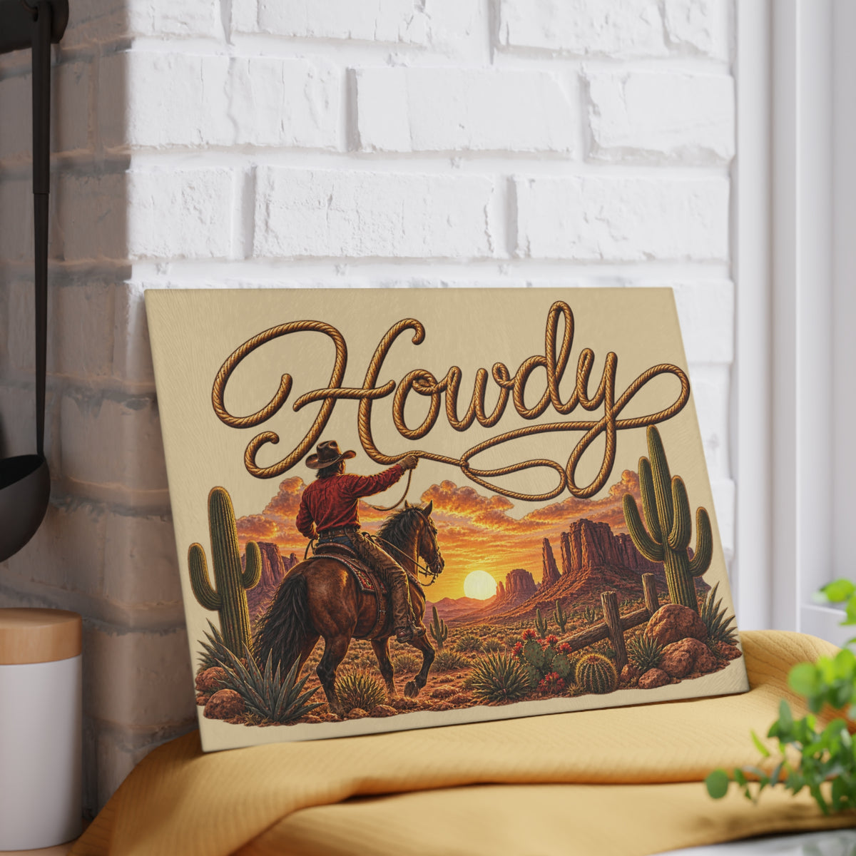 Howdy Western Glass Cutting Board — Cowboy Desert Sunset Kitchen Decor