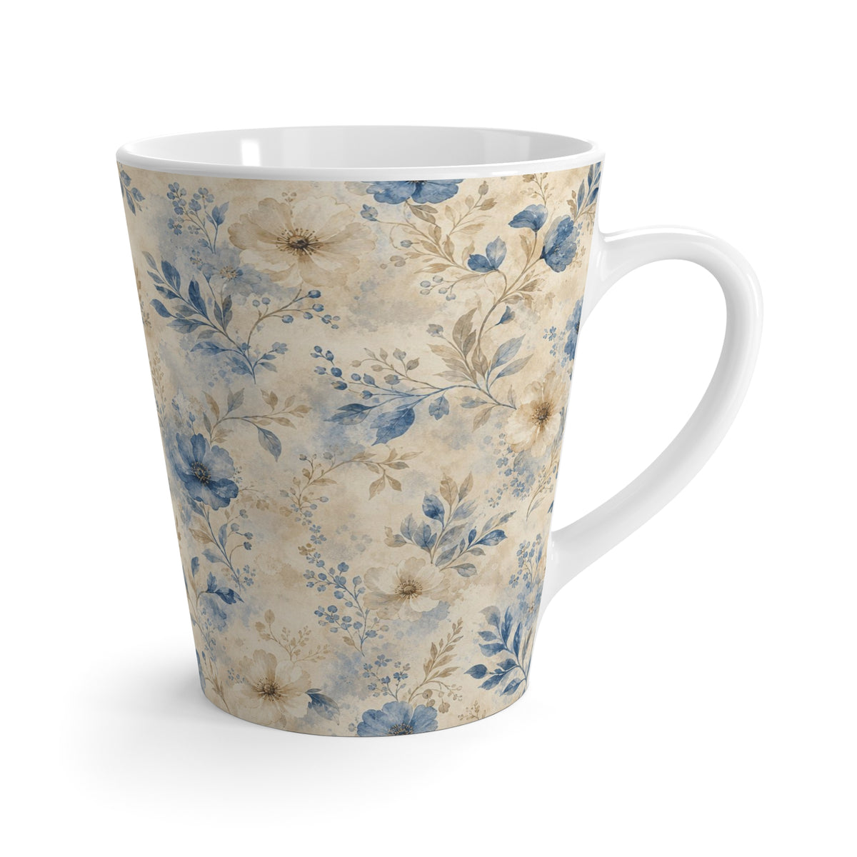 Blue Vintage Floral Latte Mug — Watercolor Flowers Coffee Cup